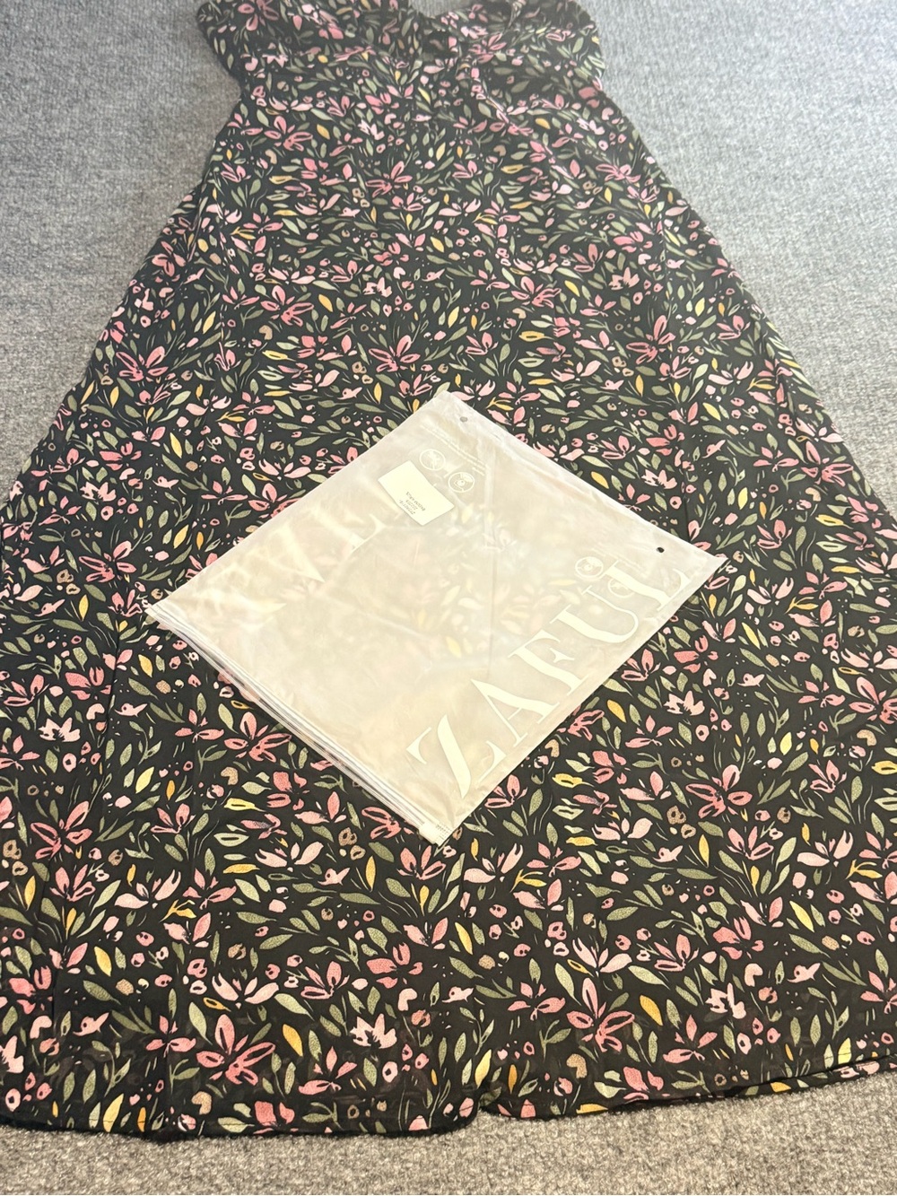 Zaful Black Dress with Pink Blossom & Green Leaf Print